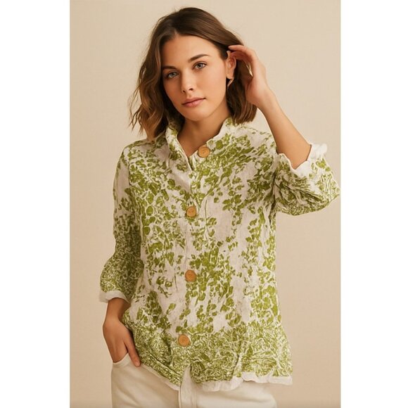 Terra SJ Apparel Green Floral Tunic Blouse Women’s S Cotton Rayon Button Front - Picture 1 of 12